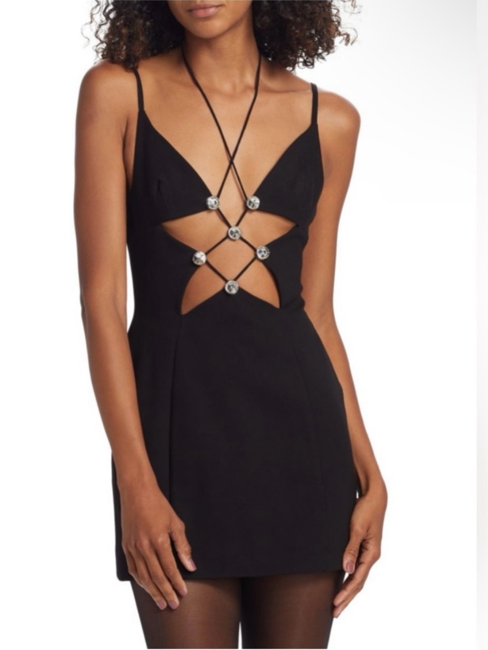 AREA Black Cutout Mini Dress with Ring Embellishments